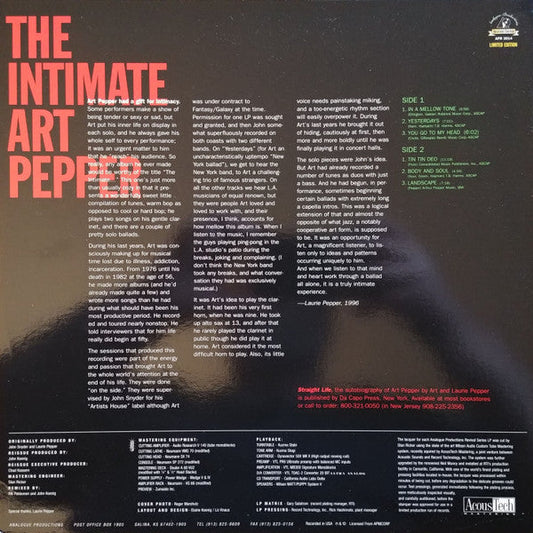 Art Pepper - Intimate Art Pepper (Vinyl, LP, Limited Edition, Reissue, Stereo) Very Good Plus (VG+) / Very Good Plus (VG+)