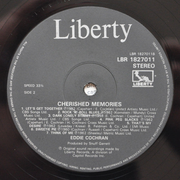 Eddie Cochran - Cherished Memories (Vinyl, LP, Album, Reissue, Mono) Very Good Plus (VG+) / Very Good (VG)