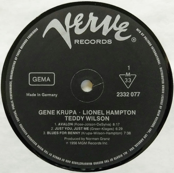 Gene Krupa - Gene Krupa • Lionel Hampton • Teddy Wilson (Vinyl, LP, Album, Reissue) Very Good Plus (VG+) / Very Good Plus (VG+)