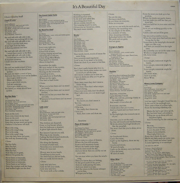 It's A Beautiful Day - Choice Quality Stuff/Anytime (Vinyl, LP, Album, Reissue) Very Good Plus (VG+) / Very Good (VG)