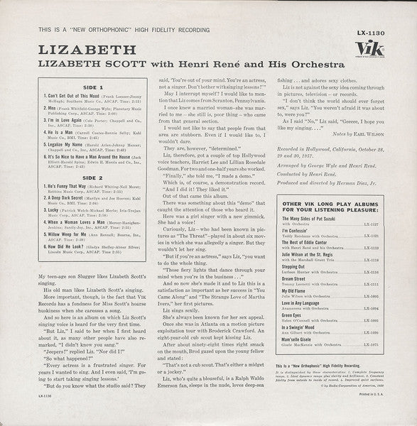 Lizabeth Scott - Lizabeth (Vinyl, LP, Album, Mono) Very Good (VG) / Very Good Plus (VG+)