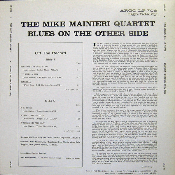 The Mike Mainieri Quartet - Blues On The Other Side (Vinyl, LP, Album, Reissue, Mono) Very Good Plus (VG+) / Very Good Plus (VG+)