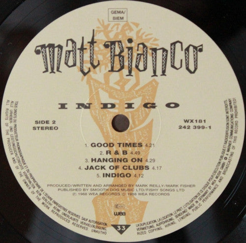 Matt Bianco - Indigo (Vinyl, LP, Album, Stereo) Very Good Plus (VG+) / Very Good Plus (VG+)