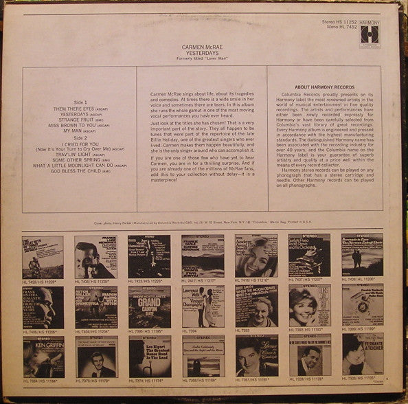 Carmen McRae - Yesterdays (Vinyl, LP, Album, Stereo, Reissue) Good Plus (G+) / Good (G)