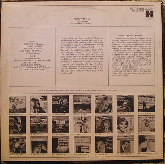 Carmen McRae - Yesterdays (Vinyl, LP, Album, Stereo, Reissue) Good Plus (G+) / Good (G)