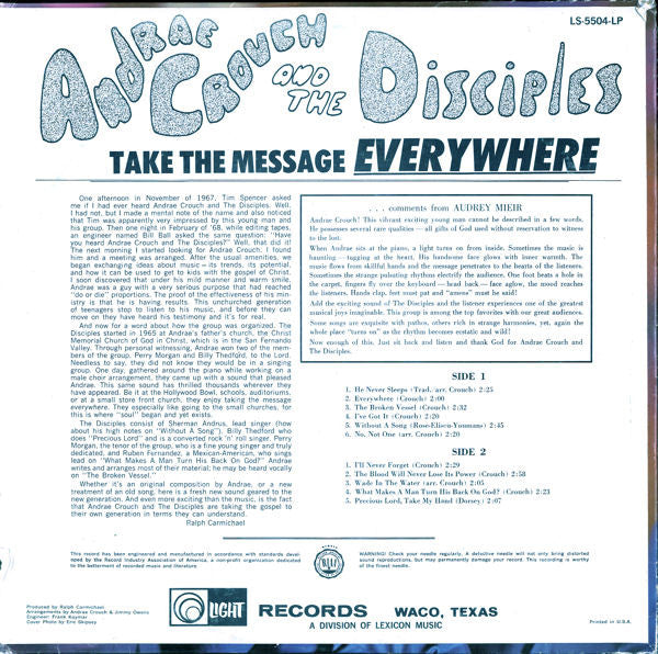 Andraé Crouch & The Disciples - Take The Message Everywhere (Vinyl, LP, Album) Very Good Plus (VG+) / Good Plus (G+)
