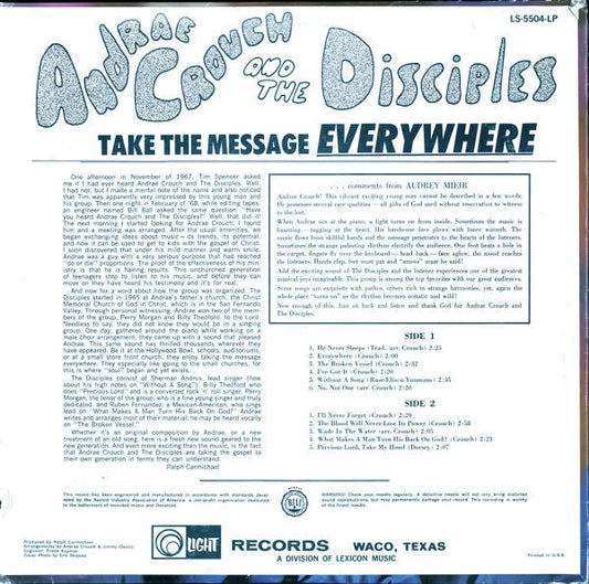 Andraé Crouch & The Disciples - Take The Message Everywhere (Vinyl, LP, Album) Very Good Plus (VG+) / Good Plus (G+)
