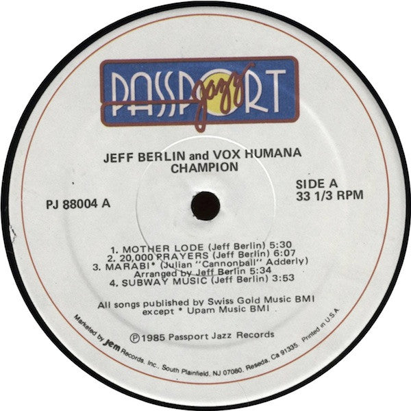 Jeff Berlin - Champion (Vinyl, LP, Album) Very Good (VG) / Very Good (VG)