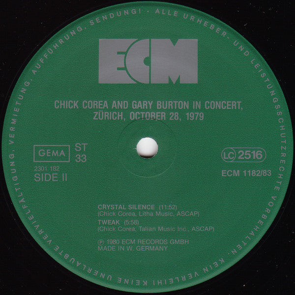 Gary Burton / Chick Corea - In Concert, Zürich, October 28, 1979 (2xVinyl, LP, Album, Stereo) Very Good (VG) / Very Good Plus (VG+)