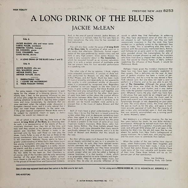 Jackie McLean - A Long Drink Of The Blues (Vinyl, LP, Album, Promo, Reissue, Mono) Very Good Plus (VG+) / Very Good (VG)