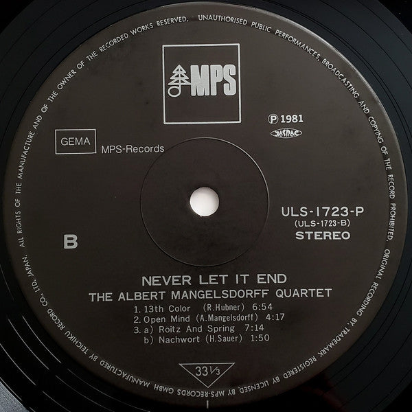 The Albert Mangelsdorff Quartet - Never Let It End (Vinyl, LP, Album, Reissue) Very Good Plus (VG+) / Good Plus (G+)