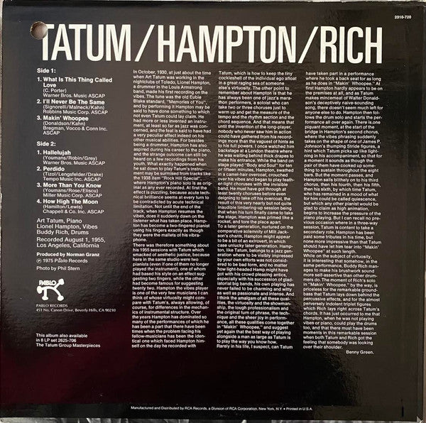 Art Tatum - The Tatum Group Masterpieces (Vinyl, LP, Album, Reissue) Very Good (VG) / Very Good (VG)