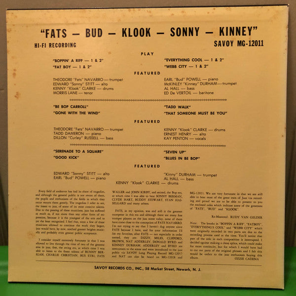 Fats Navarro - Fats-Bud-Klook-Sonny-Kinney (Vinyl, LP, Album, Mono) Very Good Plus (VG+) / Very Good Plus (VG+)