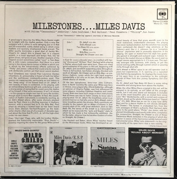 Miles Davis - Milestones (Vinyl, LP, Album, Reissue, Stereo) Very Good (VG) / Very Good Plus (VG+)