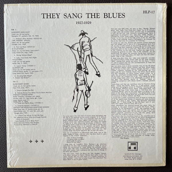 Various - They Sang The Blues (1927 - 1929) (Vinyl, LP, Compilation, Reissue) Very Good (VG) / Good Plus (G+)