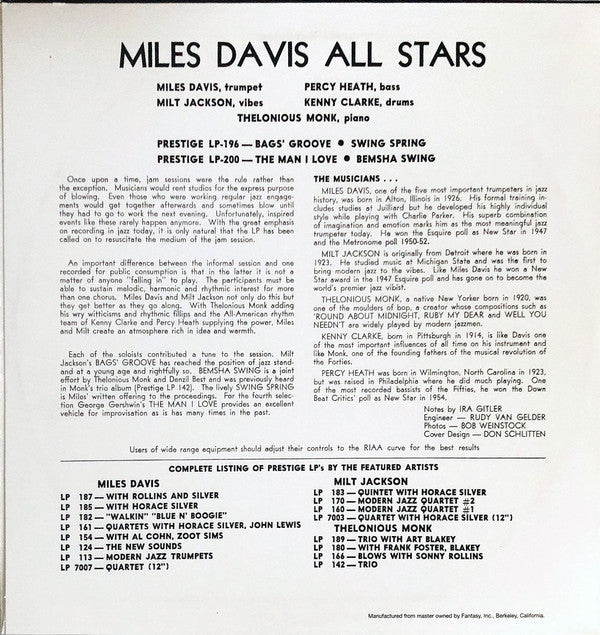 Miles Davis All Stars - Miles Davis All Stars (Vol. 2) (Vinyl, 10", 33 ⅓ RPM, Reissue, Mono) Very Good Plus (VG+) / Near Mint (NM or M-)