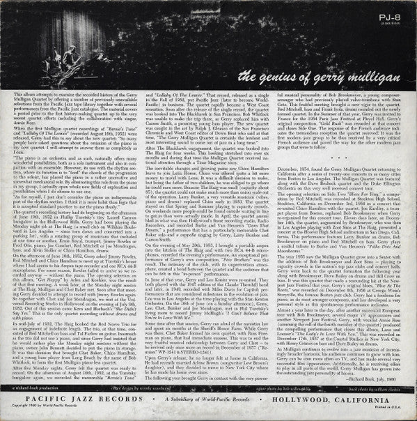 Gerry Mulligan - The Genius Of Gerry Mulligan (Vinyl, LP, Compilation, Mono) Very Good (VG) / Good Plus (G+)