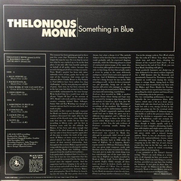 Thelonious Monk - Something In Blue (Vinyl, LP, Album, Reissue, Stereo) Very Good Plus (VG+) / Very Good Plus (VG+)