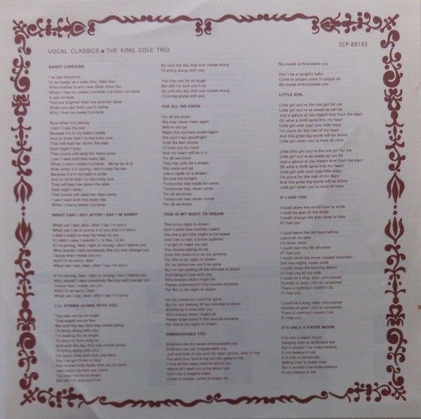 The Nat King Cole Trio - Vocal Classics (Vinyl, LP, Album, Compilation) Very Good Plus (VG+) / Very Good (VG)