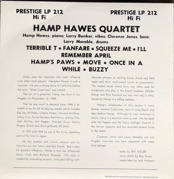 Hampton Hawes Quartet - Hamp Hawes Quartet (Vinyl, LP, 10", Album, Reissue) Very Good Plus (VG+) / Near Mint (NM or M-)