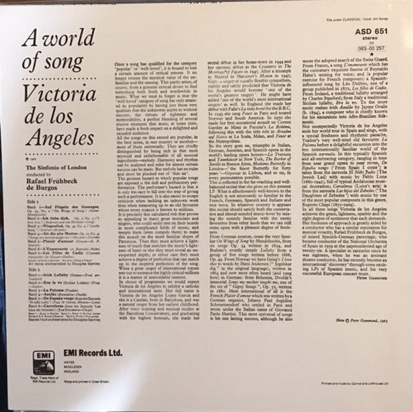 Victoria De Los Angeles - A World Of Song (Vinyl, LP, Reissue) Very Good (VG) / Very Good Plus (VG+)