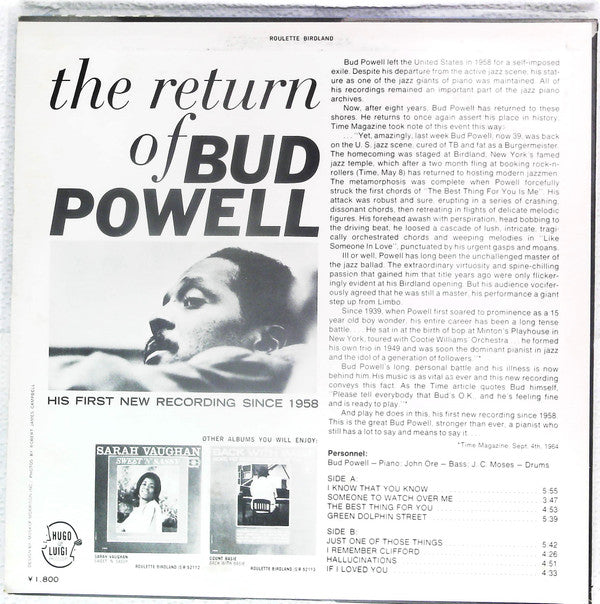 Bud Powell - The Return Of Bud Powell (Vinyl, LP, Stereo) Very Good (VG) / Very Good Plus (VG+)