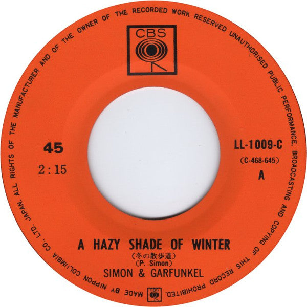 Simon & Garfunkel - A Hazy Shade Of Winter / For Emily, Whenever I May Find Her (Vinyl, 7", 45 RPM, Single) Very Good (VG) / Very Good (VG)