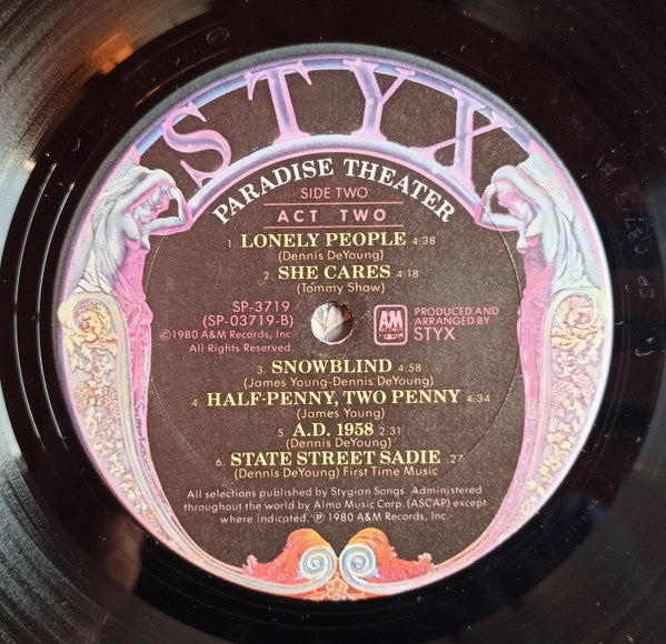 Styx - Paradise Theatre (Vinyl, LP, Album, Etched, Stereo) Near Mint (NM or M-) / Very Good Plus (VG+)