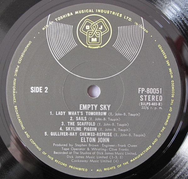 Elton John - Empty Sky (Vinyl, LP, Album, Stereo) Very Good Plus (VG+) / Very Good (VG)