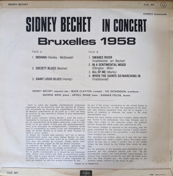 Sidney Bechet - Sidney Bechet In Concert - Bruxelles 1958 (Vinyl, LP, Stereo) Very Good Plus (VG+) / Very Good Plus (VG+)