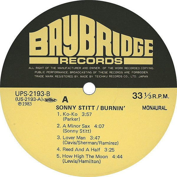 Sonny Stitt - Burnin' (Vinyl, LP, Album, Reissue, Mono) Very Good Plus (VG+) / Very Good Plus (VG+)