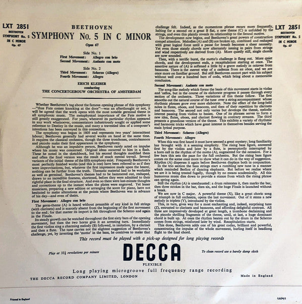 Ludwig van Beethoven - Symphony No 5 In C Minor Opus 67 (Vinyl, LP, Mono) Very Good (VG) / Good Plus (G+)