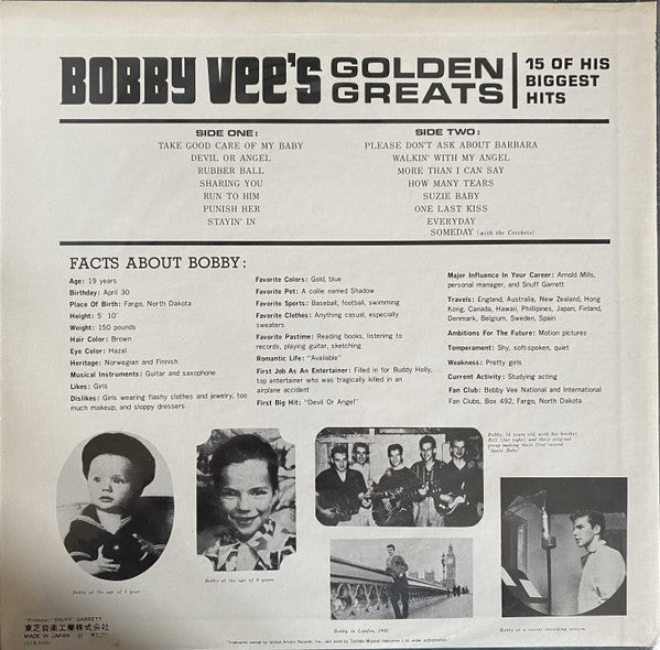 Bobby Vee - Bobby Vee's Golden Greats (Vinyl, LP, Compilation, Reissue) Very Good Plus (VG+) / Very Good (VG)