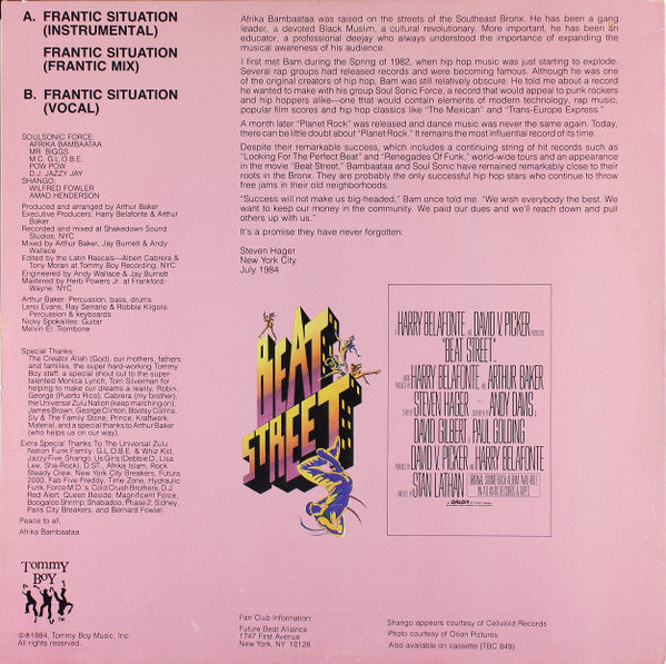 Afrika Bambaataa & Soulsonic Force - Frantic Situation (Vinyl, 12", 33 ⅓ RPM) Very Good Plus (VG+) / Very Good (VG)