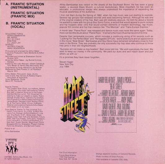 Afrika Bambaataa & Soulsonic Force - Frantic Situation (Vinyl, 12", 33 ⅓ RPM) Very Good Plus (VG+) / Very Good (VG)