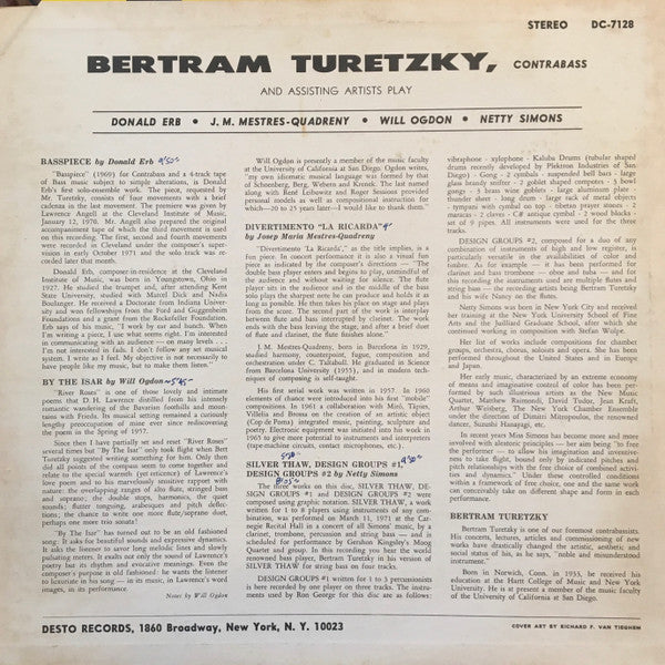 Bertram Turetzky - Plays Music By Donald Erb, JM Mestres-Quadreny, Will Ogdon, Netty Simons (Vinyl, LP, Album, Stereo) Very Good Plus (VG+) / Very Good Plus (VG+)