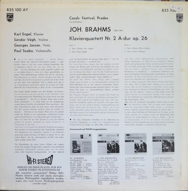 Johannes Brahms - Klavierquartett Nr. 2 A-Dur Op. 26 (Casals Festival Prades) (Vinyl, LP, Stereo) Very Good (VG) / Very Good (VG)