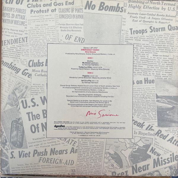 Nina Simone - In Concert - Emergency Ward! (Vinyl, LP, Album, Stereo) Very Good Plus (VG+) / Very Good (VG)