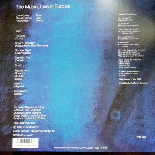 Chick Corea - Trio Music, Live In Europe (Vinyl, LP, Album) Very Good Plus (VG+) / Very Good (VG)