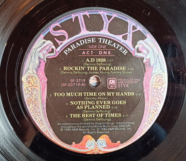 Styx - Paradise Theatre (Vinyl, LP, Album, Etched, Stereo) Near Mint (NM or M-) / Very Good Plus (VG+)