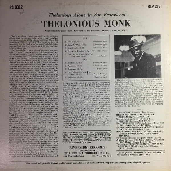 Thelonious Monk - Thelonious Alone In San Francisco (Vinyl, LP, Album, Reissue, Mono) Very Good (VG) / Very Good (VG)