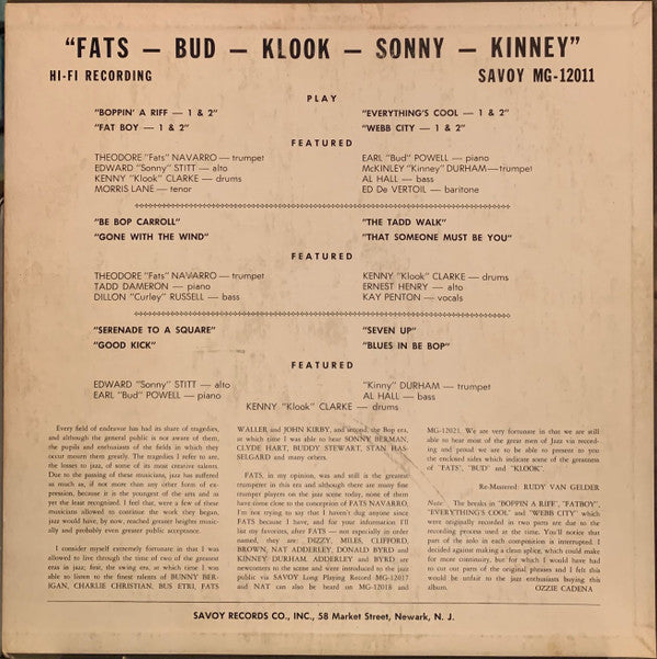Fats Navarro - Fats-Bud-Klook-Sonny-Kinney (Vinyl, LP, Album, Mono) Very Good (VG) / Very Good (VG)
