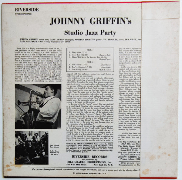 Johnny Griffin - Studio Jazz Party (Vinyl, LP, Album, Promo, Reissue, Stereo) Very Good Plus (VG+) / Very Good Plus (VG+)