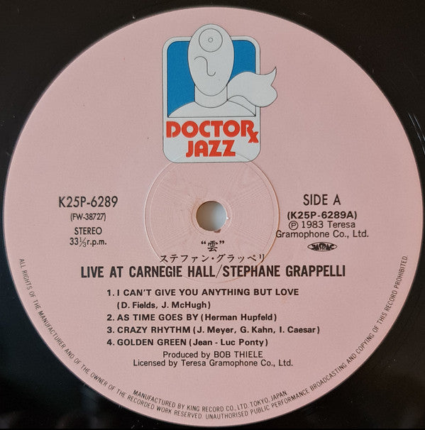 Stéphane Grappelli - Live At Carnegie Hall (Vinyl, LP, Album) Very Good Plus (VG+) / Very Good Plus (VG+)