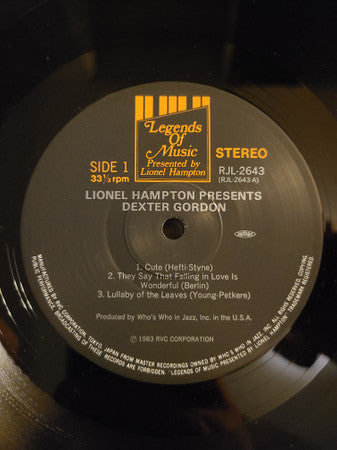 Dexter Gordon - Lionel Hampton Presents Dexter Gordon (Vinyl, LP, Album, Stereo) Near Mint (NM or M-) / Very Good Plus (VG+)