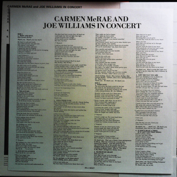 Carmen McRae - Carmen McRae And Joe Williams In Concert (Vinyl, LP) Very Good Plus (VG+) / Very Good (VG)