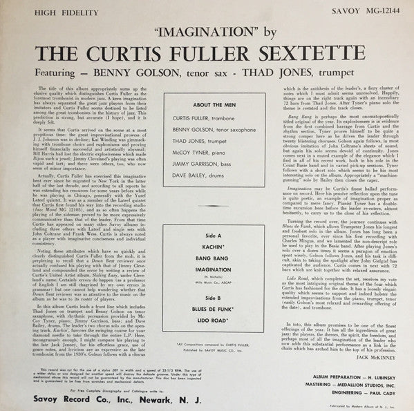 The Curtis Fuller Sextet - Imagination (Vinyl, LP, Album, Mono) Very Good (VG) / Good (G)