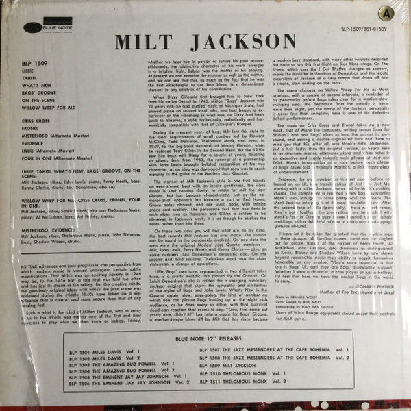 Milt Jackson - Milt Jackson With John Lewis, Percy Heath, Kenny Clarke, Lou Donaldson And The Thelonious Monk Quintet (Vinyl, Reissue, LP, Compilation, Remastered, Stereo) Very Good (VG) / Very Good Plus (VG+)