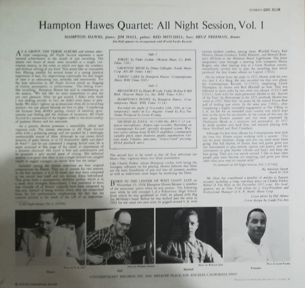 Hampton Hawes Quartet - All Night Session, Vol. 1 (Vinyl, LP, Album, Reissue, Stereo) Very Good Plus (VG+) / Very Good Plus (VG+)