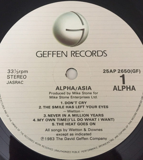 Asia (2) - Alpha (Vinyl, LP, Album, Stereo) Very Good Plus (VG+) / Very Good Plus (VG+)
